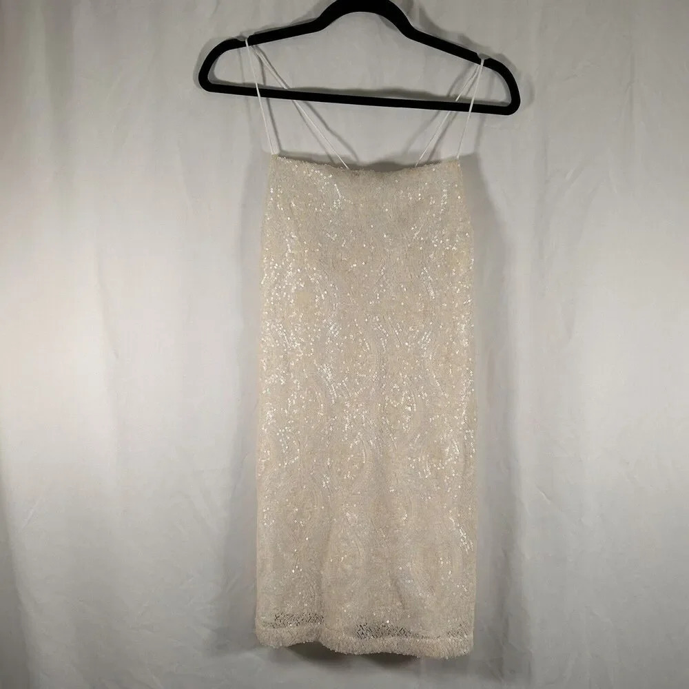 New Free People Mini Dress Women's Large White Sequin Sleeveless Spaghetti Strap